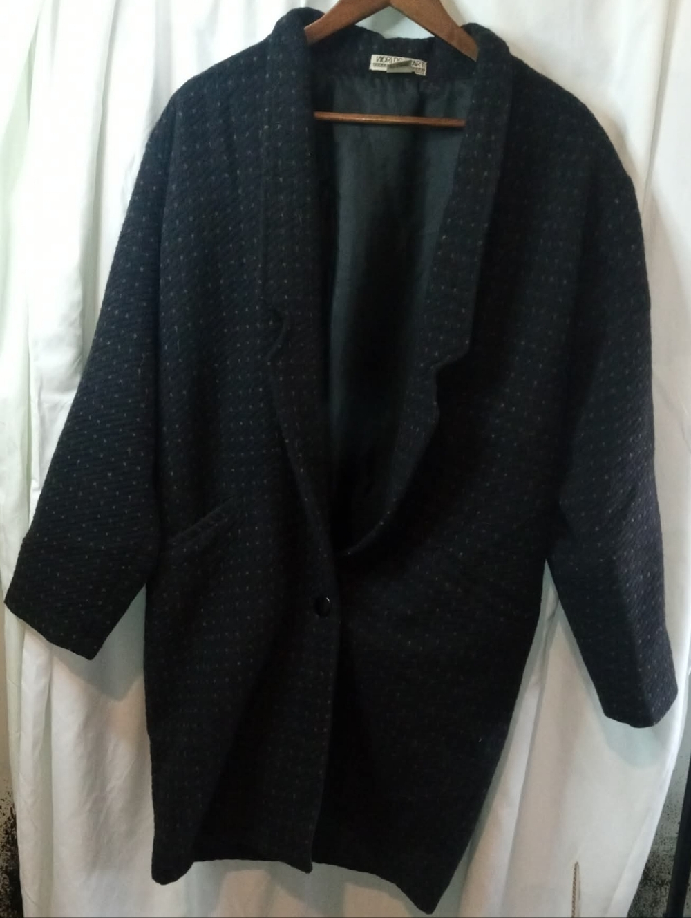 80s Vintage Black Trench Coat Brown Dots Shawl Collar Wool Worlds Apart 90s Warm